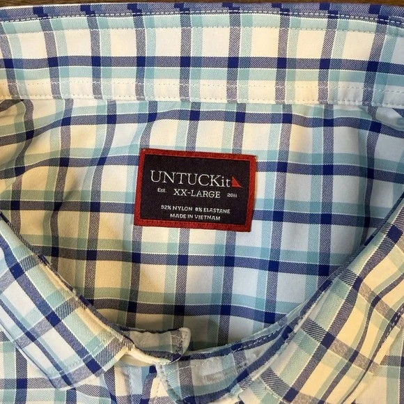 UNTUCKit Performance Button Shirt Men's 2XL  Blue Foris Nylon Stretch Plaid - Picture 2 of 6